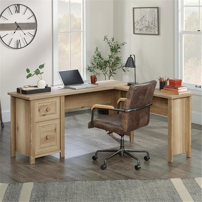 Pemberly Row L-Shaped Engineered Wood Desk Timber Oak Finish 65.12 W x 58.66 D x 29.72 H 1-Drawer Storage File Drawer Cable Management Modern Farmhouse Style Home Office Desk