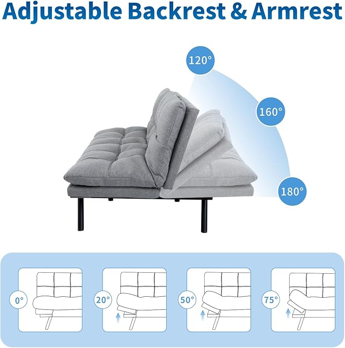 MUUEGM Futon Sofa Bed 71 Convertible Linen Memory Foam Couch Bed Modern Backrests Armrests Love Seat for Living RoomApartmentOfficeLight Grey Sleeper Couch