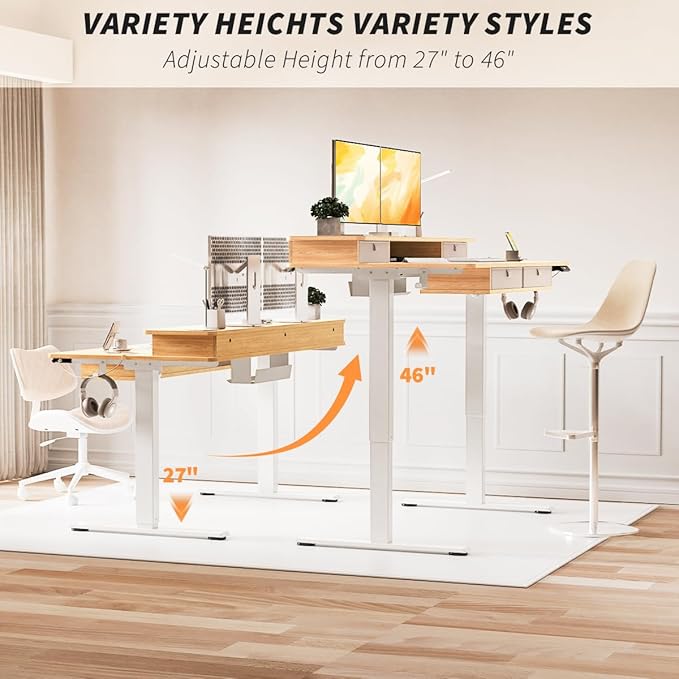 Kingant 55 x 30 Inch Electric Standing Desk with 4 Drawers Adjustable Height Computer Desk for Home Office Large Workstation Sit Stand Up Desk with Built-in USB A/C Charging Ports Nature