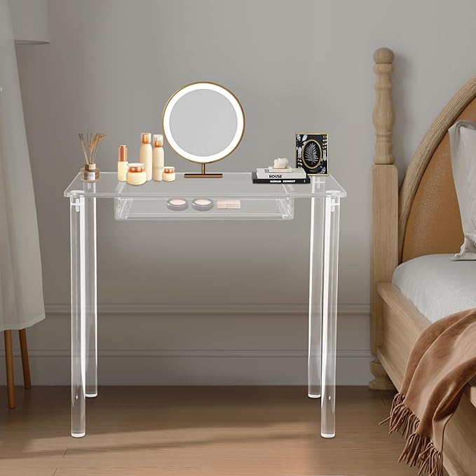 Acrylic Makeup DeskClear Computer DeskFree Standing Makeup Table with Drawer31.50 * 29.53 * 15.75 inch Modern Study Writing Table for Home Office