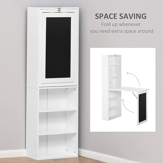 Foldable Wall Mounted Desk with Storage Shelves Fold Out Convertible Computer Table with Blackboard Folding Writing Table Workstation for Small SpacesHome Office (White)