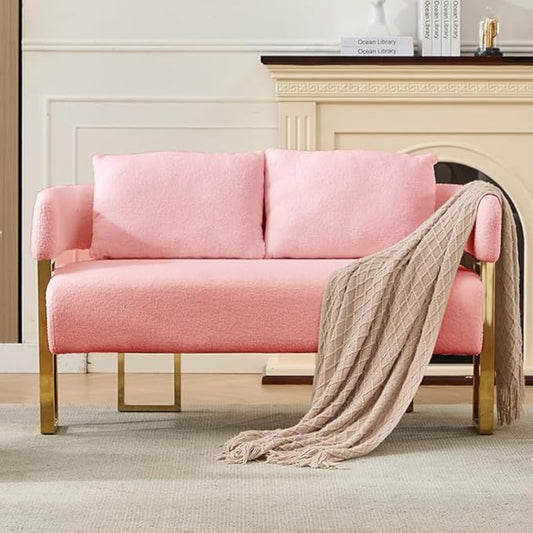 51 Comfy Loveset Sofa Pink Small Teddy Love Seat Sofa Bedroom Mini Couch Living Room Side Chair with Gold Metal Legs for Dressing Area Reception Room Office (Pink)