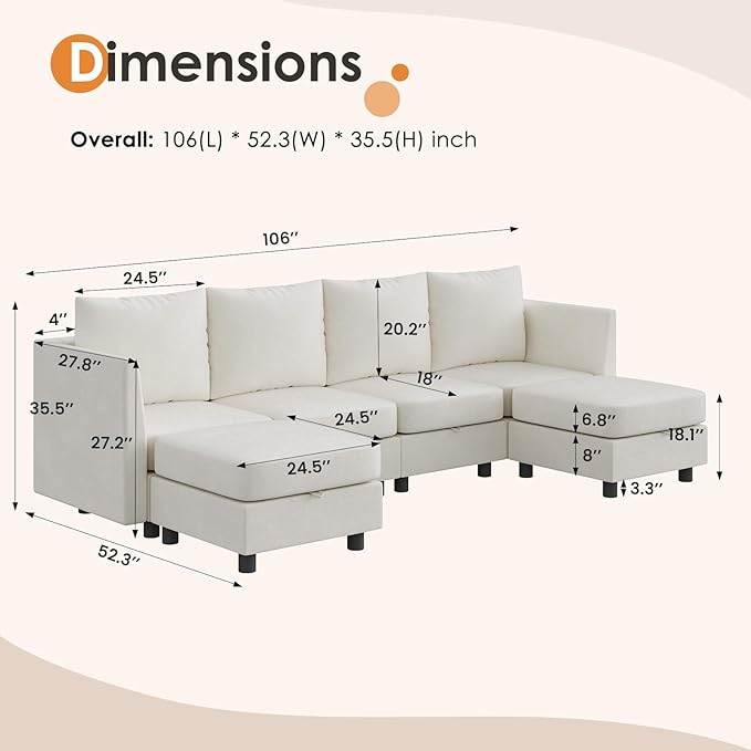 YOUDENOVA 106'' Modular Sectional Sofa 6 Seats Couch Set with Storage U Shaped Sofa with USB Charging Port Modern Comfy Chenille Couch for Living Room Beige