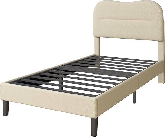 Twin Bed Frames with Headboard Upholstered Bed Frame Twin Teddy Soft Boucle Fabric Twin Size bedframes Soft Cloud Marshmallow Shape Upholstered Headboard No Box Spring Needed Noise Free (Beige)