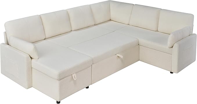 VanAcc Pull Out Sofa 112 Inch Oversized U Shape Sleeper Sofa Couch with Storage Chaise &amp 3 Seater Comfy Couch with Pull Out Bed for Living Room White Boucle