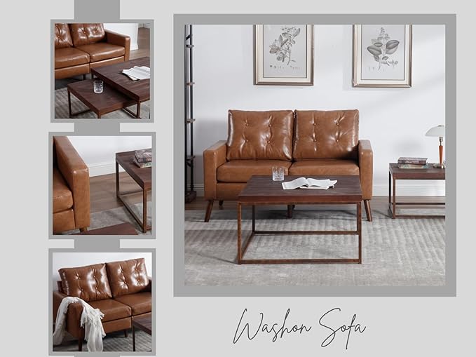 Wahson 53 Wide Loveseat with Armrest Upholstered 2-Seater Tufted PU Leather Double Sofa Mini Sofa with Wooden Legs Mid Century Modern Couch for Bedroom/Living Room Brown