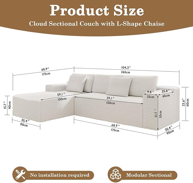 104 Boneless Couch with Chaise Sectional Couches for Living Room L Shaped Couch 4 Seat SofaCompression Sofa for Bedroom Comfy No Assembly Corduroy (White Left)