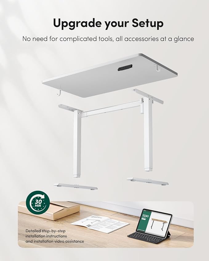 CubiCubi 48 x 24 Large One-Piece Standing Desk Adjustable Height Electric Computer Home Office Sit Stand up Workstation with 4 Memory Presets Headphone Hook White