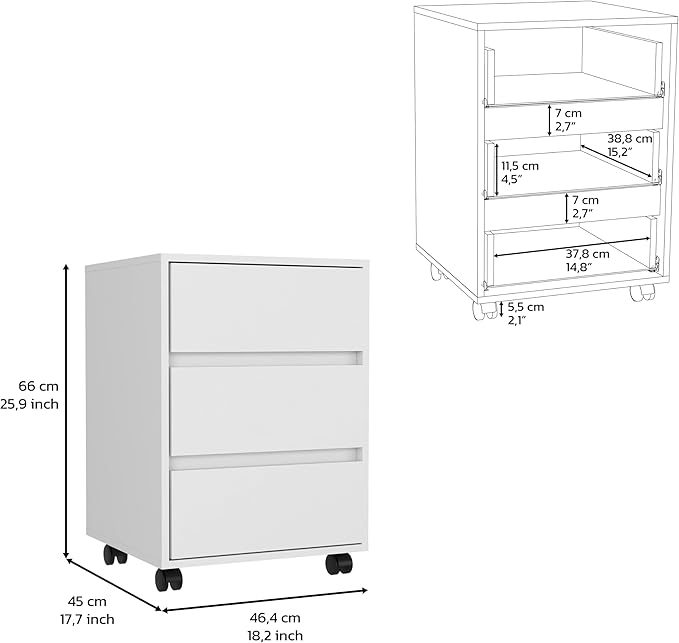 3-Drawer Rolling File Cabinet Mobile Storage Cabinet with Lockable Casters White Finish for Office and Home
