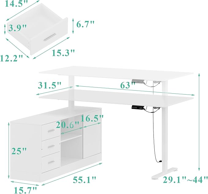 63 L Shaped Electric Standing Desk with File Cabinet Height Adjustable Stand up Desk with Drawers and Shelves Home Office Computer Gaming Table White