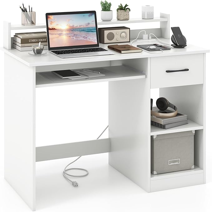 GOFLAME White Computer Desk with Charging Station Type C Port Modern Writing Desk with Drawer Removable &amp Adjustable Shelf Keyboard Tray Home Office Laptop Desk with Hutch for Bedroom Study