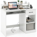 GOFLAME White Computer Desk with Charging Station Type C Port Modern Writing Desk with Drawer Removable &amp Adjustable Shelf Keyboard Tray Home Office Laptop Desk with Hutch for Bedroom Study