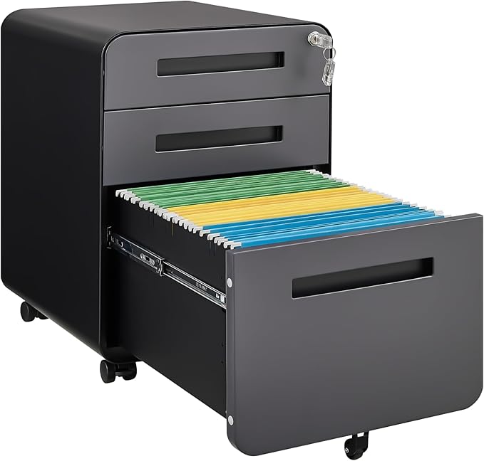 3 Drawer Small File Cabinet with Lock Under Desk Locking Storage Cabinet Organizer for Home Office Mobile Filing Cabinets with 5-Wheel DesignDarkgrey
