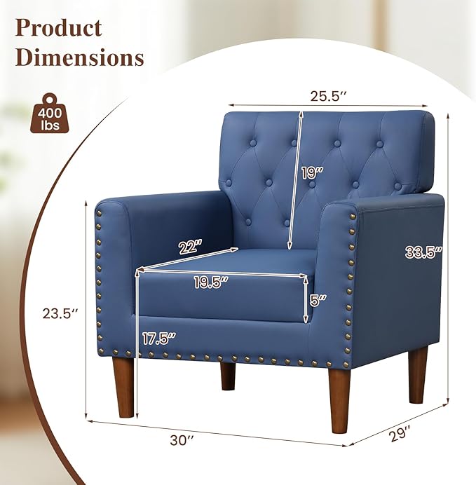 KOMFOTT Mid Century Modern Accent Chair Faux Leather Upholstered Armchair with Button Tufted Decoration &amp Rivets Rubber Wood Legs Soft Padded Seat Cushion Single Sofa for Living Room Home (Bl