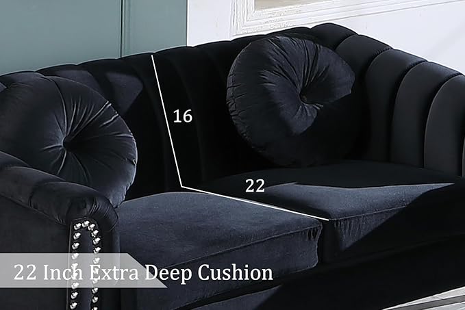 Chesterfield Sofa Set Luxurious Velvet Chesterfield Settee Couch Set with Sofa Loveseat ChairUpholstered Rolled Arm with Rivets/5 Button Tufted Pillow Modern Sofa Living Room SetBlack