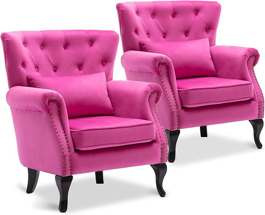 Accent Reading Arm Chairs Set of 2 for Living Room Bedroom Midcentury Modern Comfy Corner Sofa Chair Wingback Waiting Room Club Chair with Button Tufted Back &ampLumbar Pillow Velvet Rose