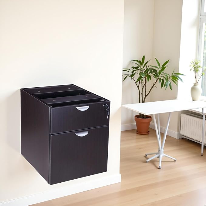 Hanging Pedestal Mahogany Finish Three Quarter Box File Storage Cabinet Mobile Mount Under Desk Organizer Vertical Filing Unit Durable Wood Composite Construction Lockable Drawer Smooth Glide