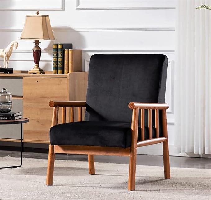 Container Furniture Classic Living Room Mid Century Modern Accent Chair with Unique Open-Framed Arm Design and Solid Wood Frame Velvet Armchair Black