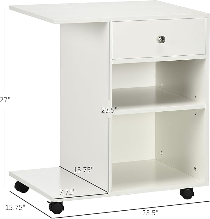 White Mobile Filing Cabinet with Drawer 2 Open Storage Spaces 4 Wheels Rectangular Portable Filing Cabinet Modern for Office Study Room