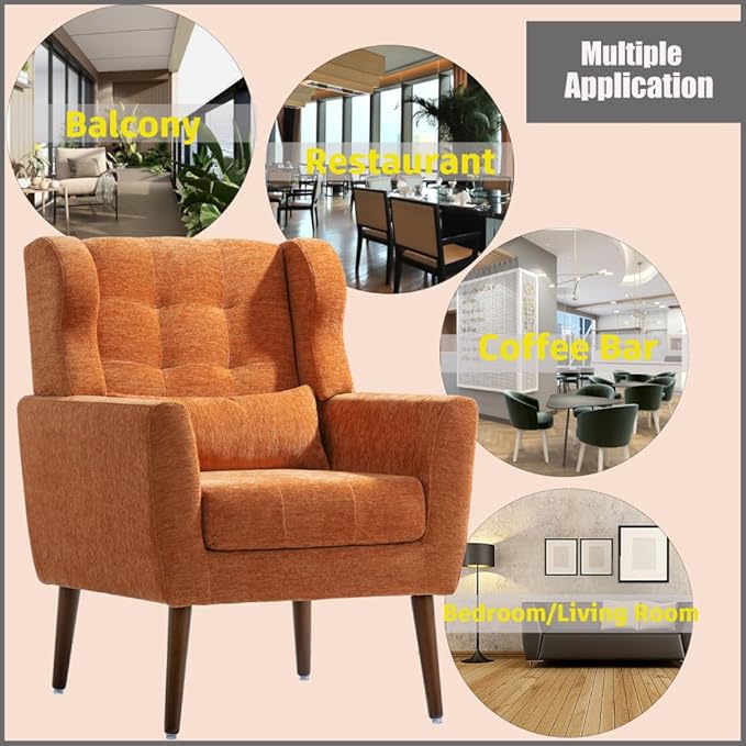 Modern Accent ChairChenille Arm Chairs for Living RoomUpholstered Mordern ArmchairComfy Soft Padded Lounge Chair in Small Space Bedroom w/Pillow Solid Wood Leg (Orange + Chenille)