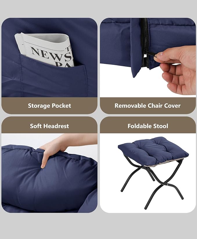 Living Room Chair with Ottoman Modern Lounge Accent Chair with Armrests and a Side Pocket Leisure Upholstered Sofa Lazy Chair Reading Chair with Footrest for Small Space (Navy Blue)