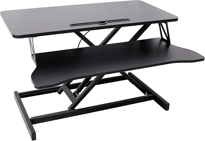 32 Inch Height Adjustable Stand Up Laptop Desk Converter Heavy Duty Standing Computer Workstation Riser with Removable Keyboard Tray for Home Office Workshop Spacious Platform for Monitor Black