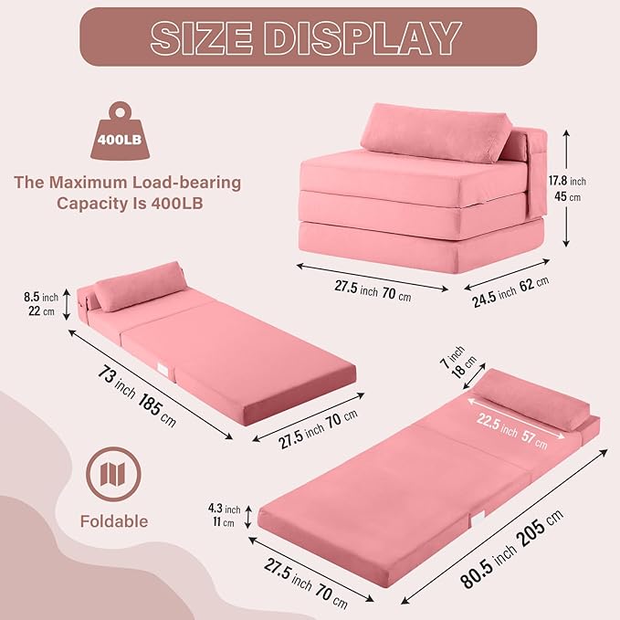 Tiita Folding Sofa Bed Chair 4-Fold Convertible Sleeper Chair with Lumbar Pillow Washable Cover &amp Side Pocket Floor Couch Bed with Raised Seat Single Size for Small Spaces Pink