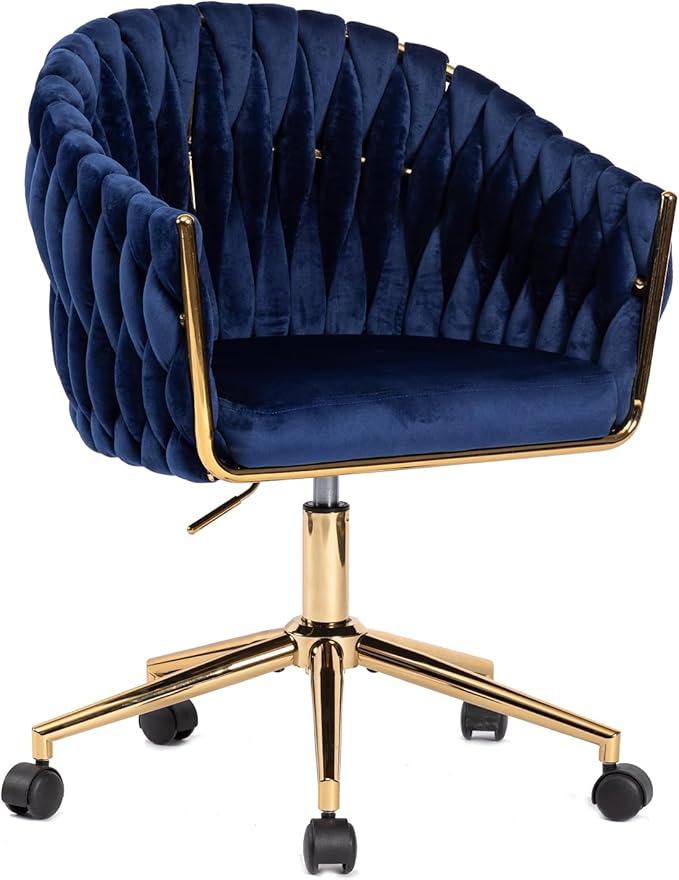 Velvet Office Chair with Back Vanity Chairs with Wheels 360° Swivel Velvet Home Office Desk Chair Accent Chair Makeup Vanity Chair for Bedroom Living Room(Blue)