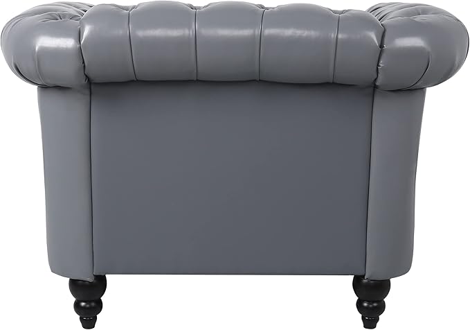 LEVNARY Leather Upholstered Armchair Mid-Century Modern Single Sofa Chair with Rolled Arms and Nailhead Tufted Pu Leather Chesterfield Chair for Home Bedroom Reading Room (Gray)