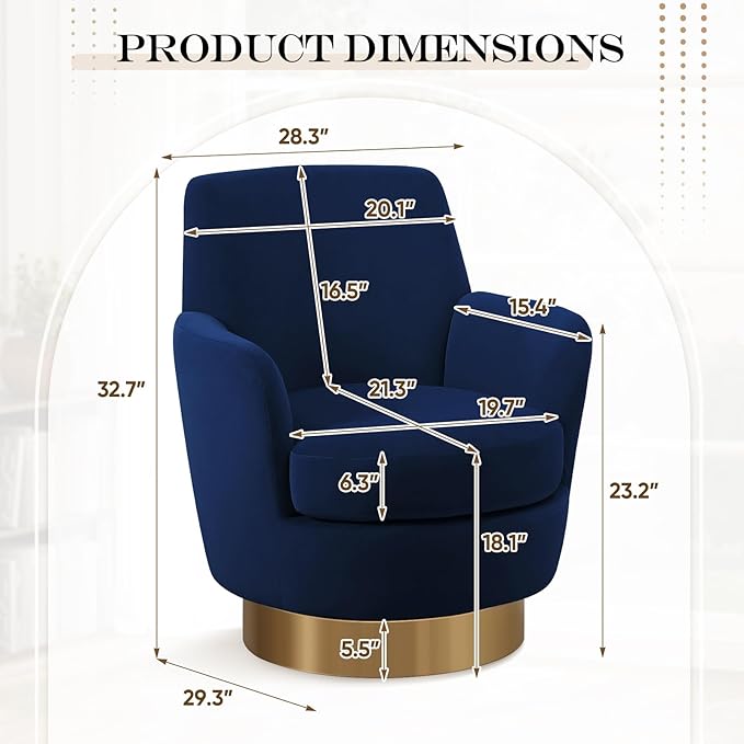 SLEERWAY 360° Swivel Barrel Chair Set of 2 28.3 Modern Velvet Round Accent Chair Comfy Upholstered Small Armchair with Gold Metal Base for Living Room Bedroom Nursery Office Sillas para Sala Navy