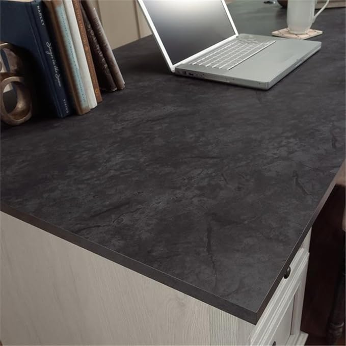 Bowery Hill L-Shaped Engineered Wood Desk Glacier Oak/Rosso Slate Finish 68.74W x 65.11D x 29.60H Multiple Drawers File Storage Adjustable Shelf Grommet Holes Home Office Computer Workspace