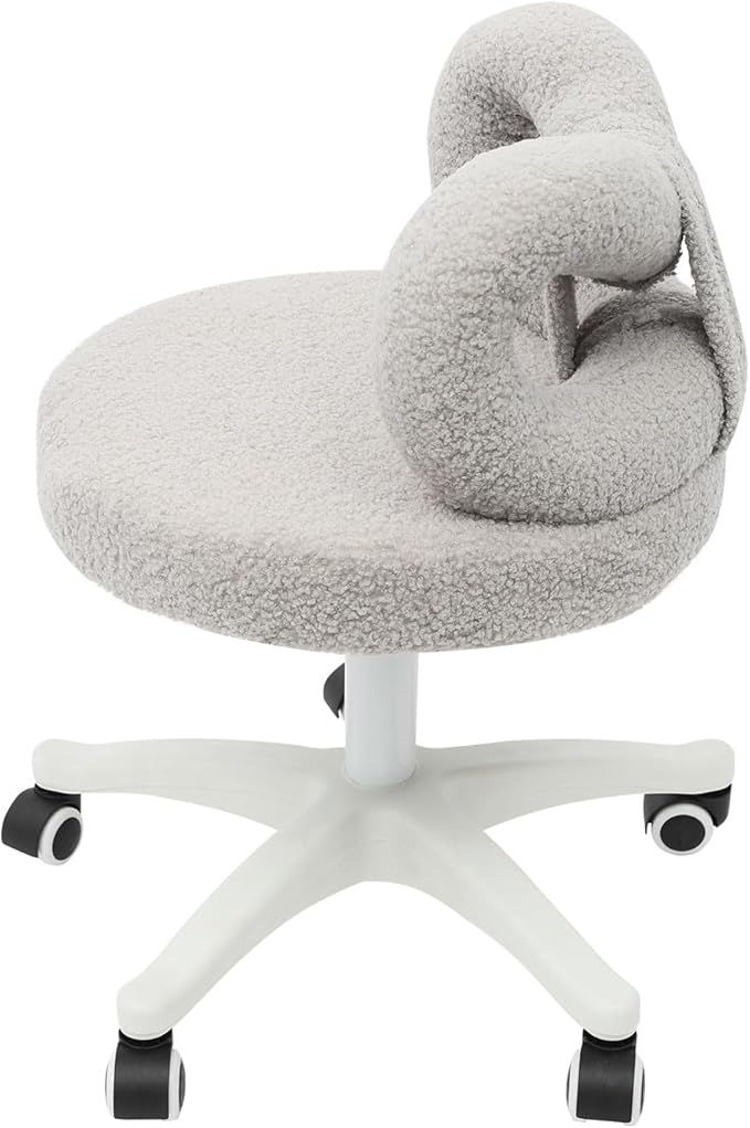 Vanity Chair with Cute Bow Backrest Grey Make-up Chair Height Adjustable Roller Chair with 5 Wheels Armless Dressing Chair Small Upholstered Accent Chair Desk Chair for Bedroom Living Room