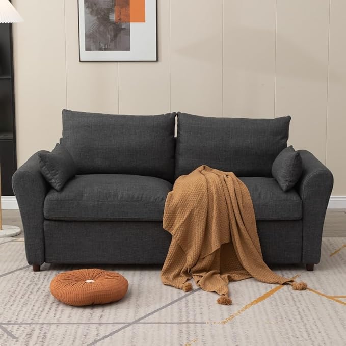 Panana Modern 3 Seater Couch Seette Linen Fabric Grey Sofa with Under Storage Compartment for Small Apartment 180 x 80 x 80cm (Dark Grey Sock Arm)