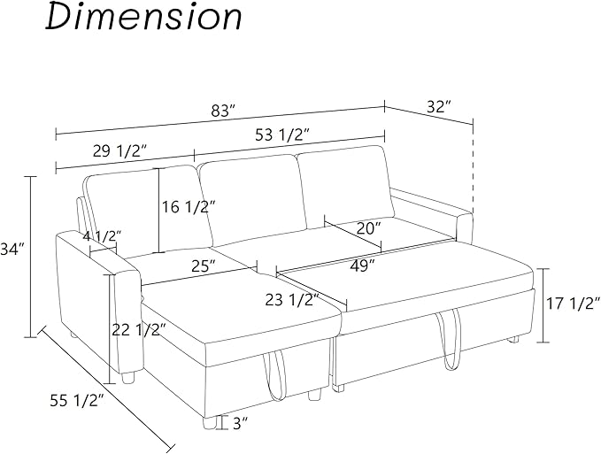 Sectional Sleeper Sofa with Pull Out Bed L Shaped Pull Out Couch with Storage Chaise 3 Seats Convertible Couch Bed for Apartment Living Room Black