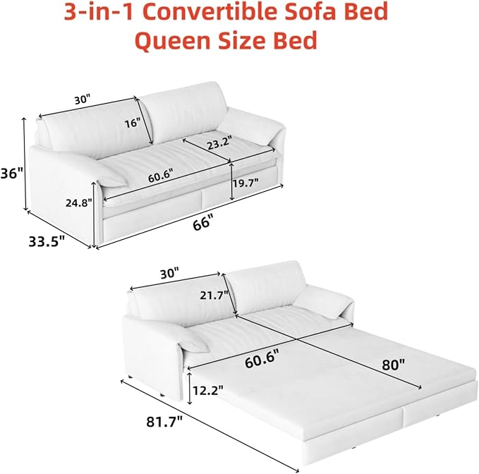 66 Queen Loveseat Pull Out Couch with Side Storage 3-in-1 Convertible Sleeper Bed Lounge Velvet Love Seat Sofa Bed for Livingroom Apartment Bedroom Office Space Saving Beige
