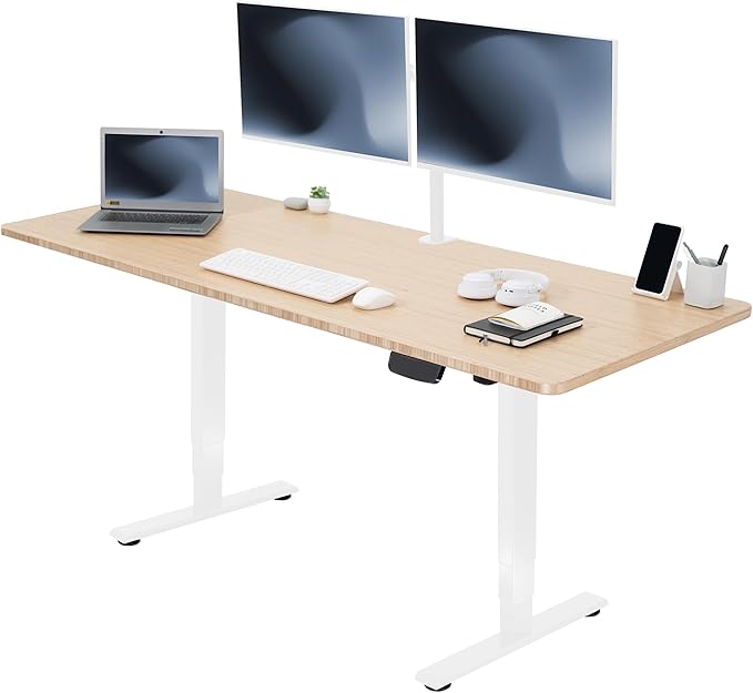 VIVO Electric 71 x 30 in Real Bamboo Standing Desk Touch Screen Adjustment 176 lb Frame Support 2E Series White Frame DESK-KIT-2EW71O