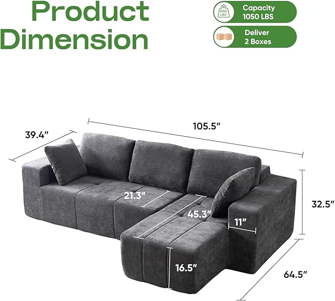 Cloud Modular Sectional Sofa Chenille Upholstered L-Shape Boneless Couch with Right Facing Chaise Sturdy Frame &amp Soft Deep Seat CushionsSectional Couch for Living Room No Assembly Grey