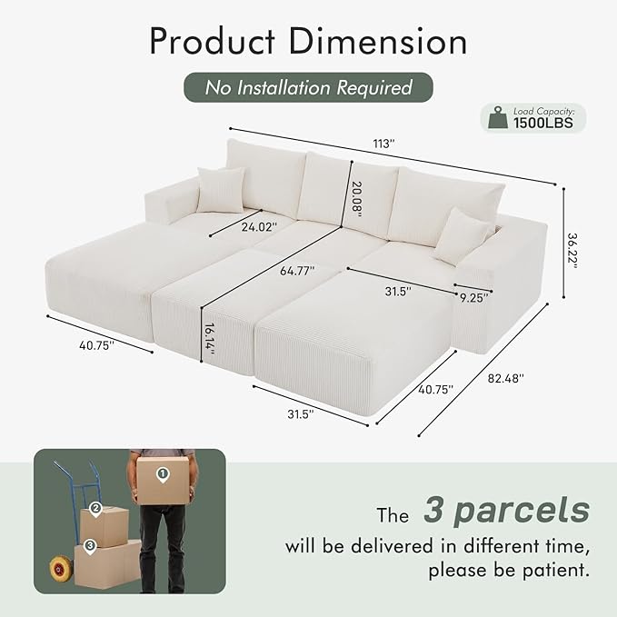 113 Modular Sectional Couch Cloud Boneless Sofa with Deep Seats Upholstered Corduroy Sofa Bed with Loung Chaise 3-Seater Couches for Living Room No Assembly Required Beige