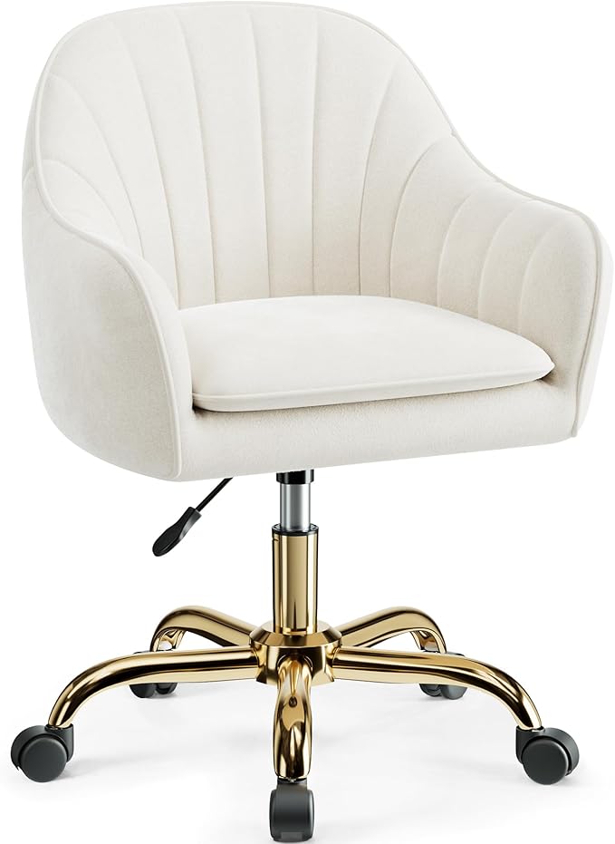 Vanity Chair with Wheels Comfy Home Office Desk Chairs Adjustable Modern Velvet Makeup Vanity Chairs for Bedroom Living Room-Beige