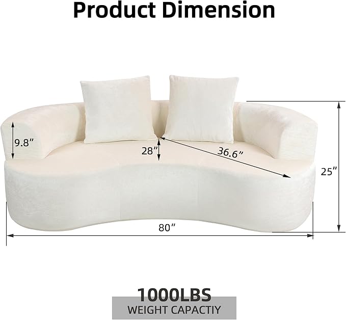 80 Boneless Loveseat Curved Cloud Sofa Couch Memory Foam Couch in a Box with 2 Pillows U-Sheaped Sofa for Living Room Bedroom Comfy Compressed Sofa No Assembly Required (White)