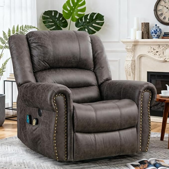 Manual Swivel Rocker Recliner Chair with Heat and Vibration 360° Swivel Glider Rocking Reclining Chair Massage Rocking Recliners with Side Pockets &amp USB Ports for Living Room Smoky Gray