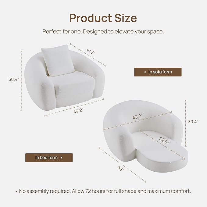 SICOTAS 49.9 Curved Convertible Sofa Couch Bed for Living Room Futon Cloud Boneless Sleeper Chair Pull Out Floor Couch with Deep Seat Single Sofa Foam Lounger No Assembly for Bedroom Apartment White