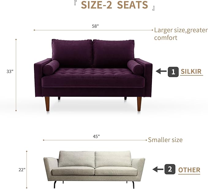 SILKIR Velvet Loveseat Sofa Love Seats Furniture for Small Spaces Mid-Century Modern Loveseats for Living Room Love Seat Couch 58 Inches Eggplant