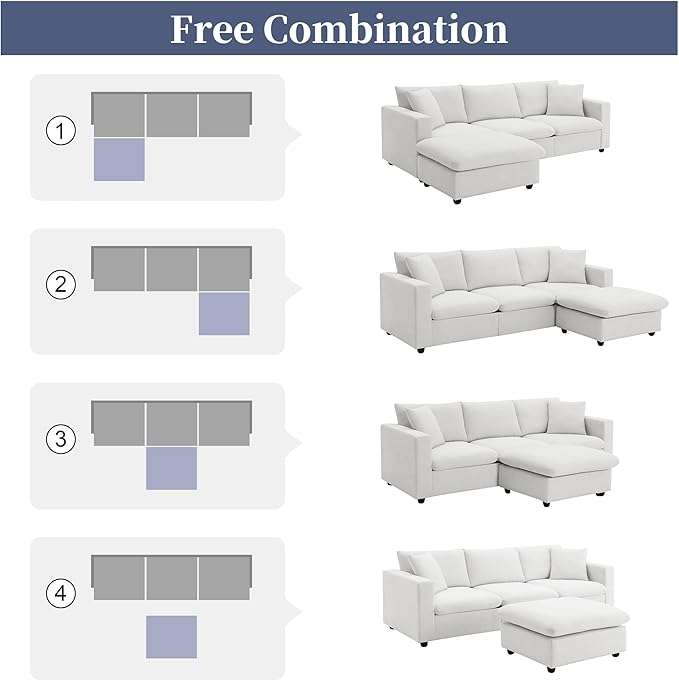 100.4 Modular Sectional Sofa Cloud Couch for Living Room Modern Convertible L Shaped Couch Set with Ottoman 4 Seater Polyester Fabric Sofa with 2 Pillows for Apartment Office (White)
