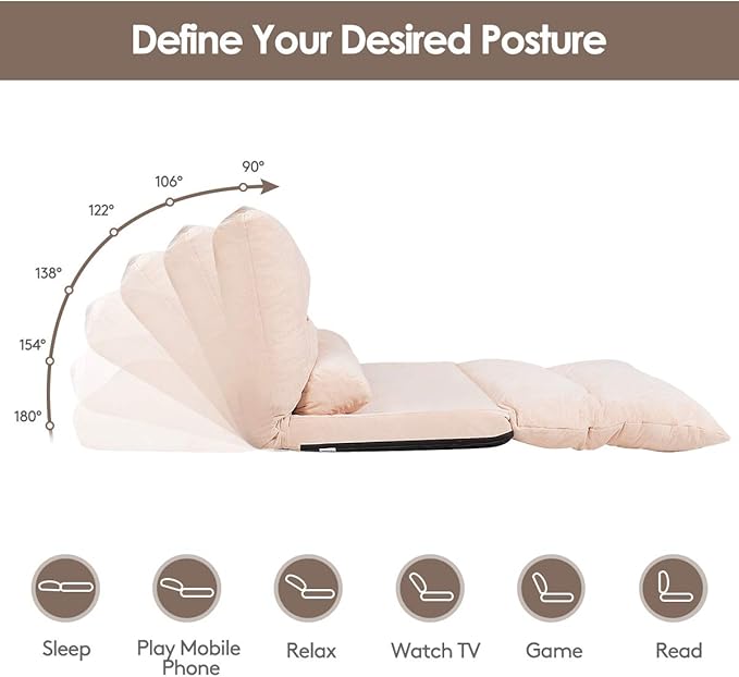 Giantex Adjustable Floor Sofa Couch with 2 Pillows Multi-Functional 6-Position Foldable Lazy Sofa Sleeper Bed Multi-Functional Suede Floor Seating for Reading Gaming (Beige)