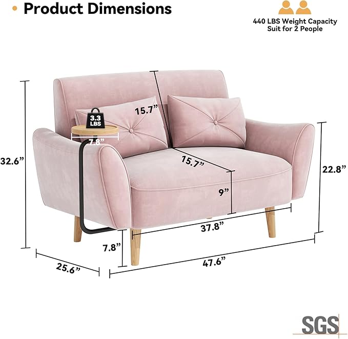 Brelice Loveseat Sofa 47 Velvet Couch for Bedroom Convertible Wooden Tray &amp Ergonomic Armrest for Small Space Apartment Living Room Home Office Easy Assembly Pink