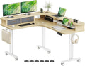 Flycity Electric L Shaped Standing Desk with Drawers 63 x 55 Corner Standing Desk Adjustable Height Stand Up Home Office Desk Dual Motor Sit Stand Desk with 3 Memory Preset &amp Lock Maple