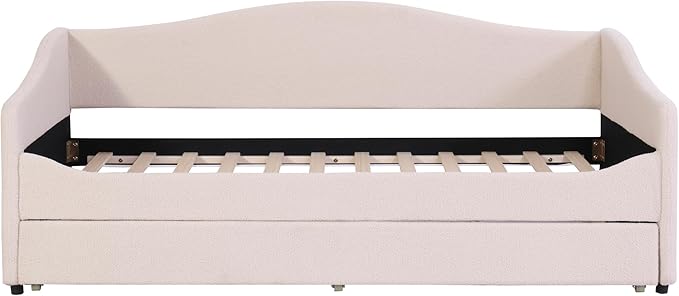 MERITLINE Twin Size Upholstered Daybed with Trundle and LED Light Teddy Fleece Sofa Bed Frame Wood Twin Trundle Bed for Bedroom Living Room Beige