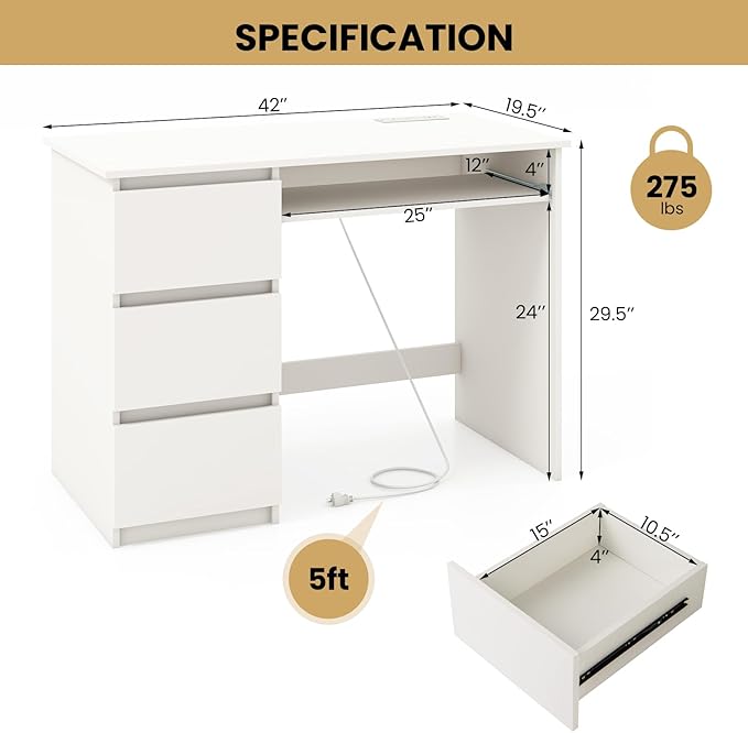 Tangkula White Desk with 3 Storage Drawers &amp Built-in Charging Station Home Office Desk with Keyboard Tray PC Desk Study Writing Table Vanity Table for Bedroom Computer Workstation (White)