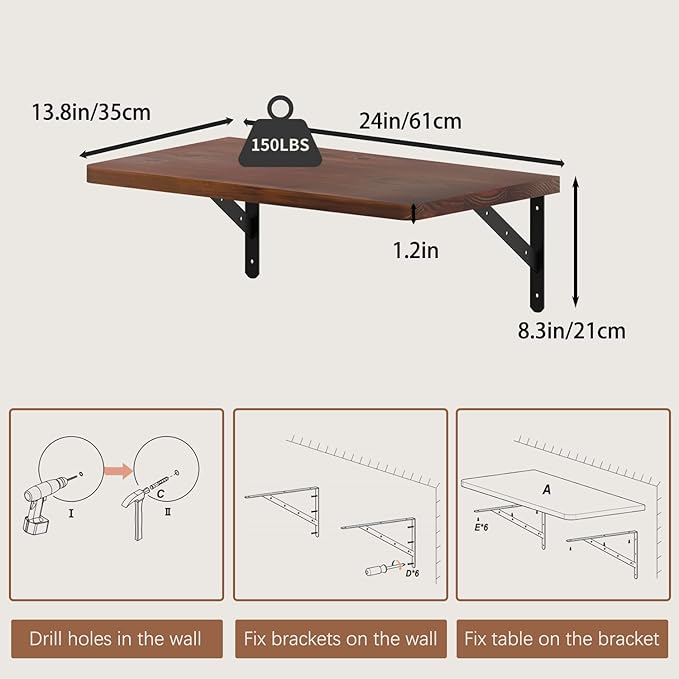 Floating Wall Desk for Home OfficeWall Mounted Table with Pine Wood24 Inch Workbench for GarageWork Table with Heavy Duty Brackets for KitchenDiningLaundry